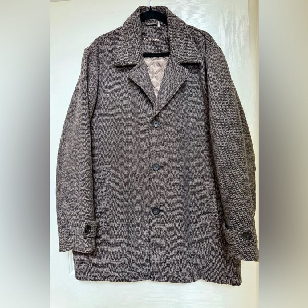 Calvin Klein Mens Tweed Wool Jacket Overcoat Lined Brown Herringbone Gray 10 EUC